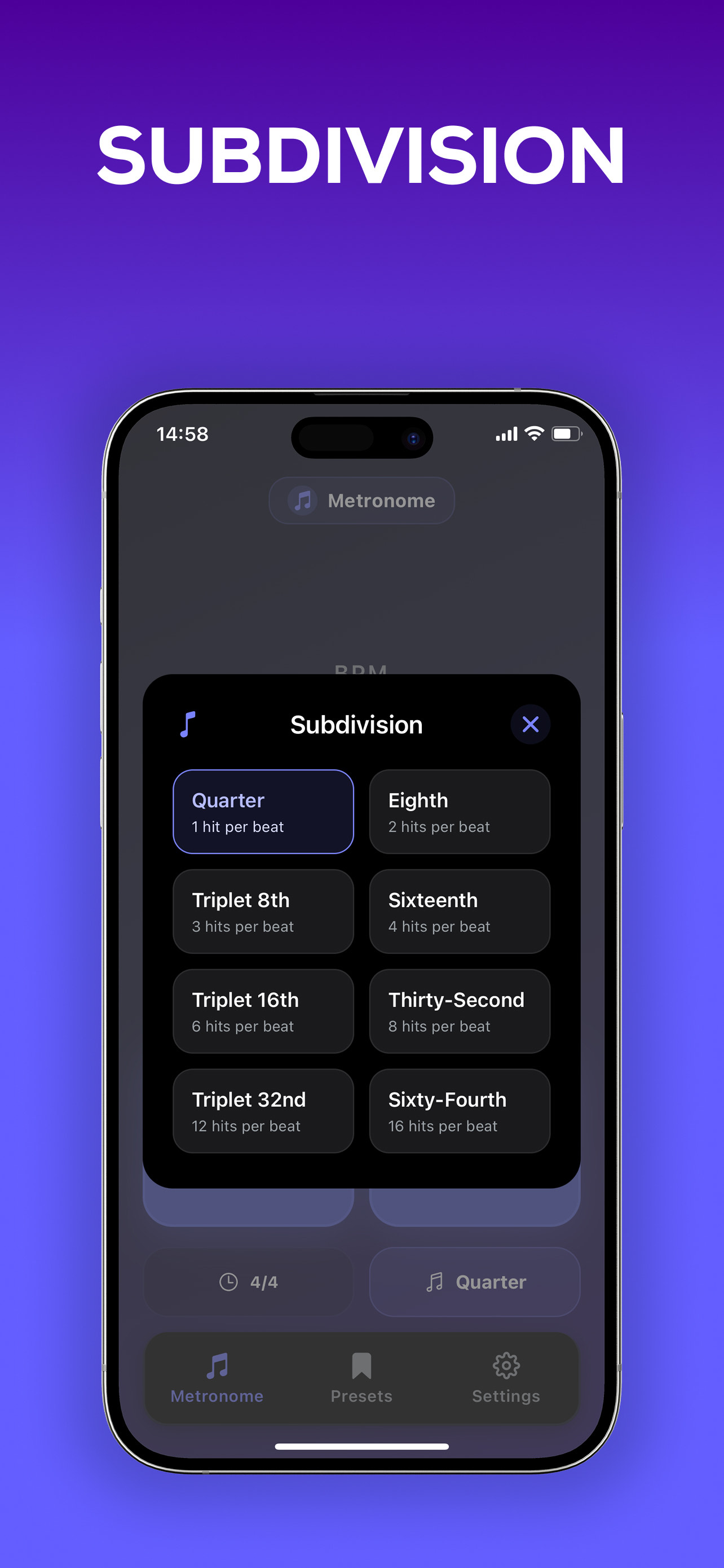 Metronome Pro iOS app main interface with BPM control and tap tempo